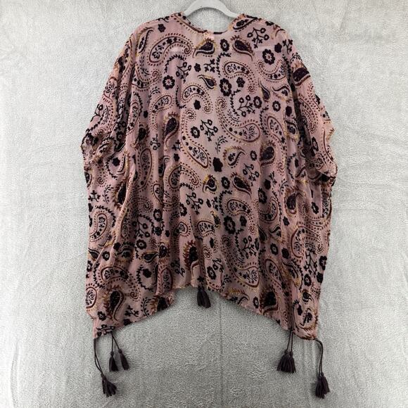 Japna Cardigan S Burn-Out Burgundy Gold Rose Paisley Floral Open Front Tassel - Picture 6 of 8